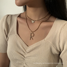 Mischen und passen Sie mehrschichtige Klauenkette Diamant Halskette Einfacher kleiner Schmetterlingsbuchstaben R Quasten Halskette